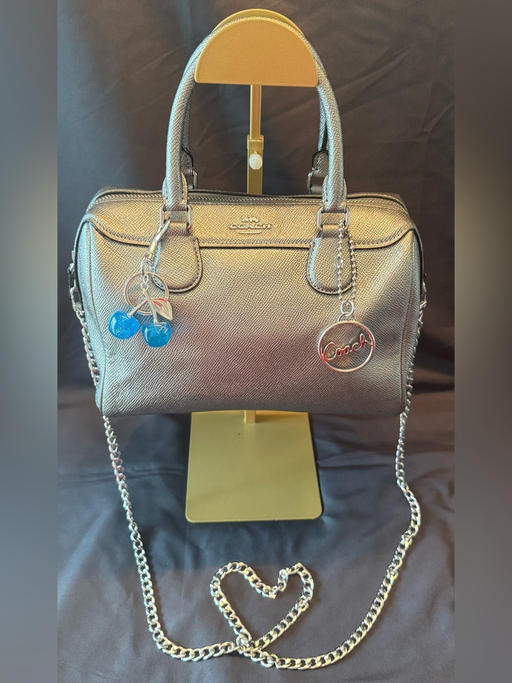 Coach Crossgrain Metallic Silver Mini Bennett Satchel with Chain Strap